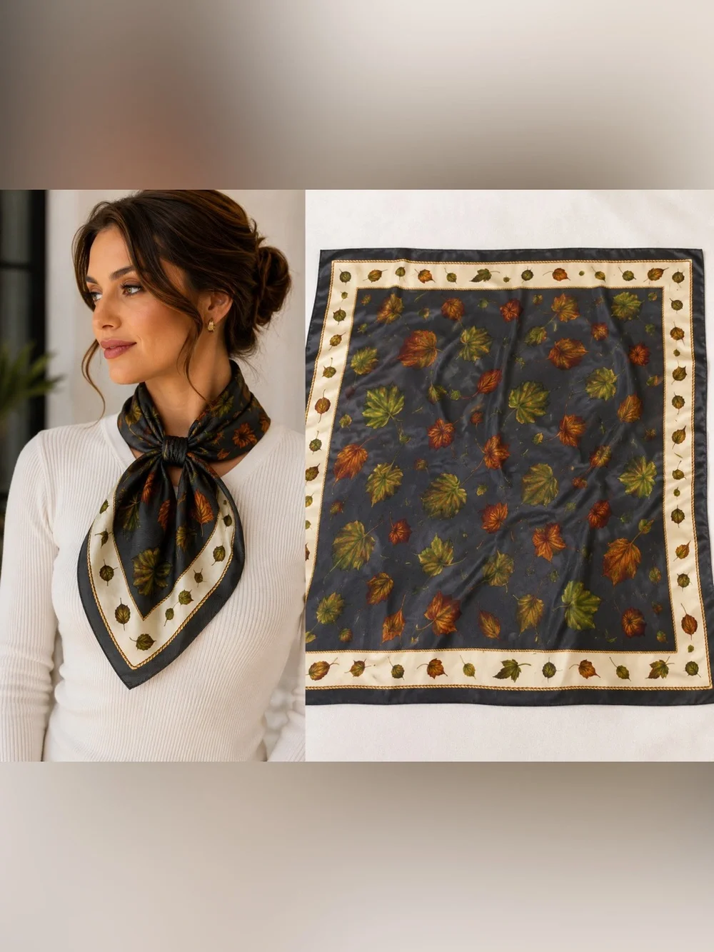 Anne Klein Dark Gray Scarf with Autumn Leaf Print